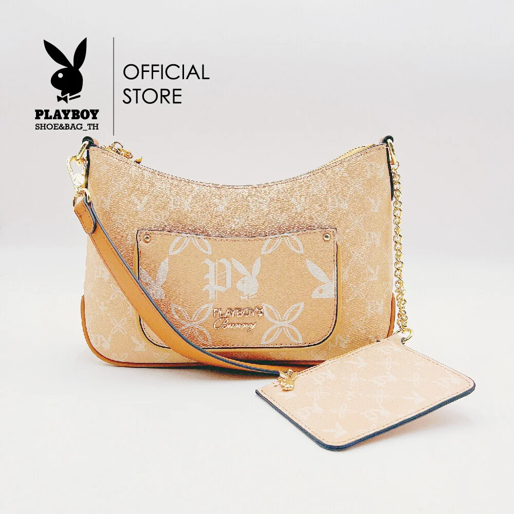 Playboy กระเป๋าสะพายข้างผู้หญิงลิขสิทธิ์แท้ รุ่น ST-B223PB487-BR ดีไซน์ทรง Hobo พิมพ์ ลายกระต่าย-น้ำตาล b369bcd1857d4acd111b53ddccf88106