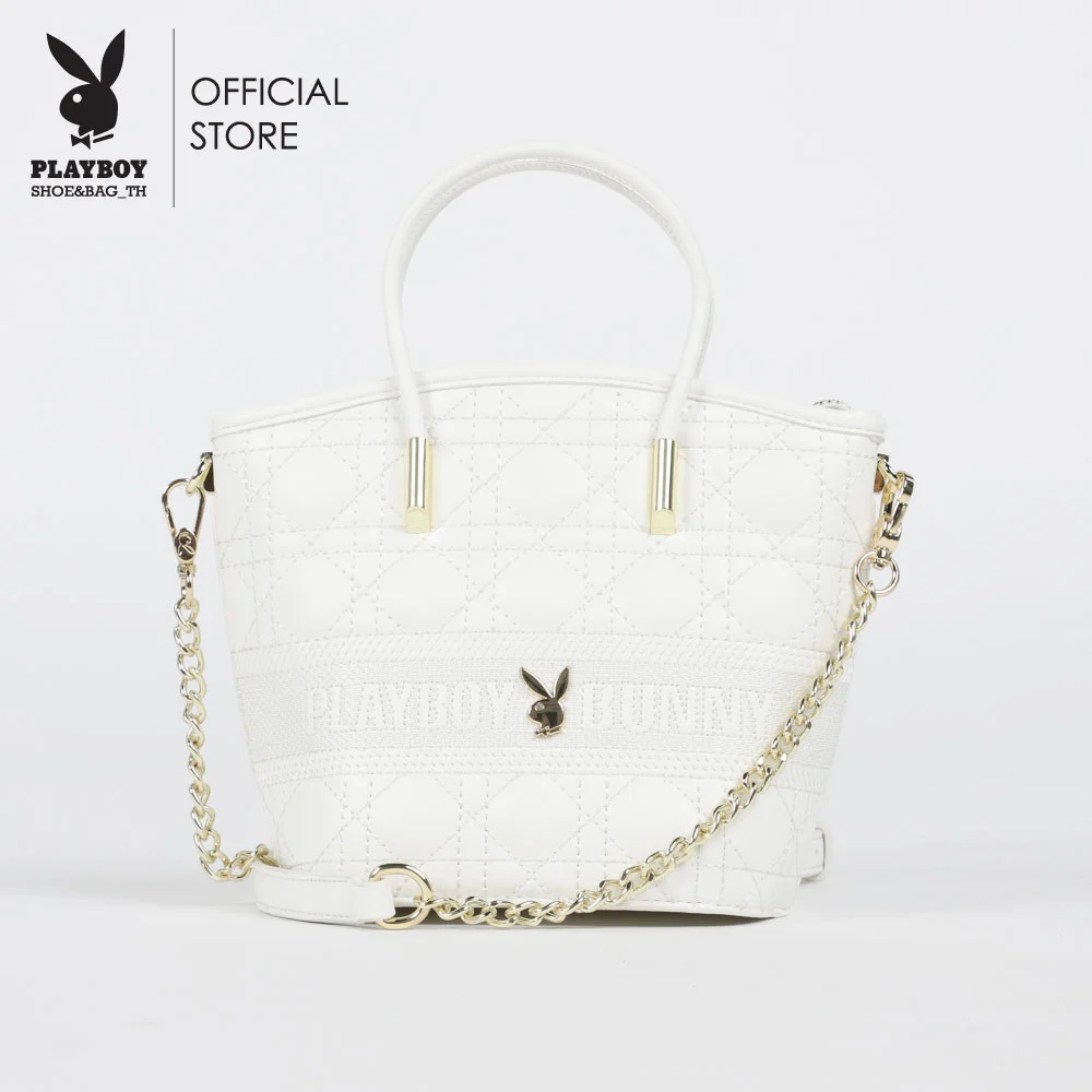 PLAYBOY กระเป๋าสะพายผู้หญิง รุ่น ST-B222PB470 ดีไซน์เย็บนวมทรงตะกร้าเล็กปักอักษร Logo มี 2 สี สี ขาวและน้ำตาล cedb3cb20edeaf2e803267ea51ac2bda