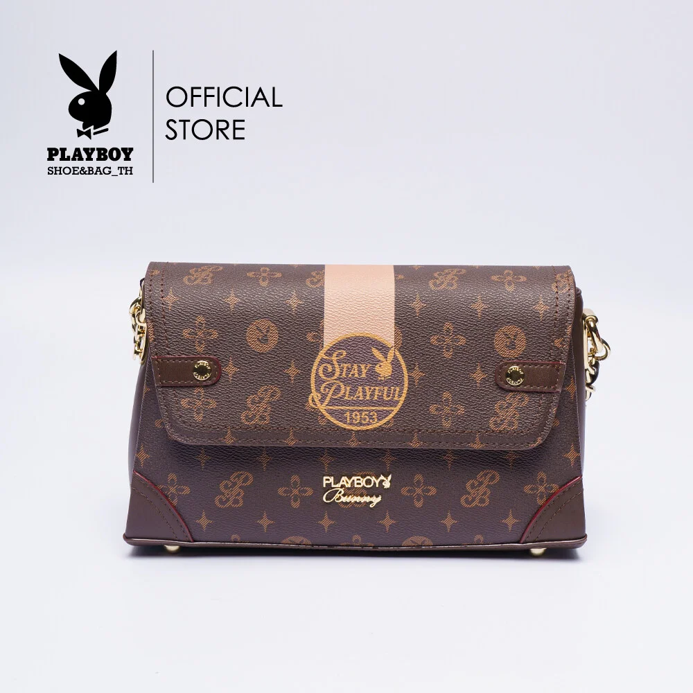 PLAYBOY กระเป๋าสะพายข้างผู้หญิง ST-B232PB509-BR PVC ลายดาวฝาพิมพ์ Logo วงกลม-น้ำตาล e66ed2e08482a7cb5120349b0a24af4b
