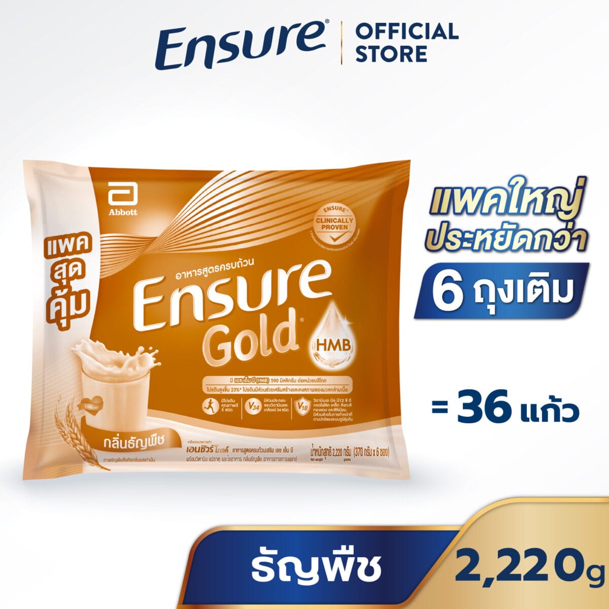 [แพคสุดคุ้ม] Ensure Gold เอนชัวร์ โกลด์ กลิ่นธัญพืช แบบถุงเติม 2,220g Ensure Gold Wheat Sachet 2,220g e8fa23a2cc027ce63ced87d1a0b3845e